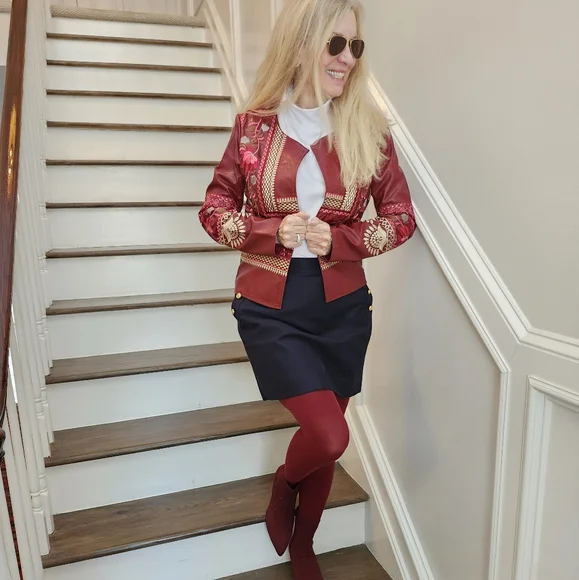 Tiramisu New Embroidered Vegan Leather Cropped Jacket, Small, $50 - Picture 6 of 15